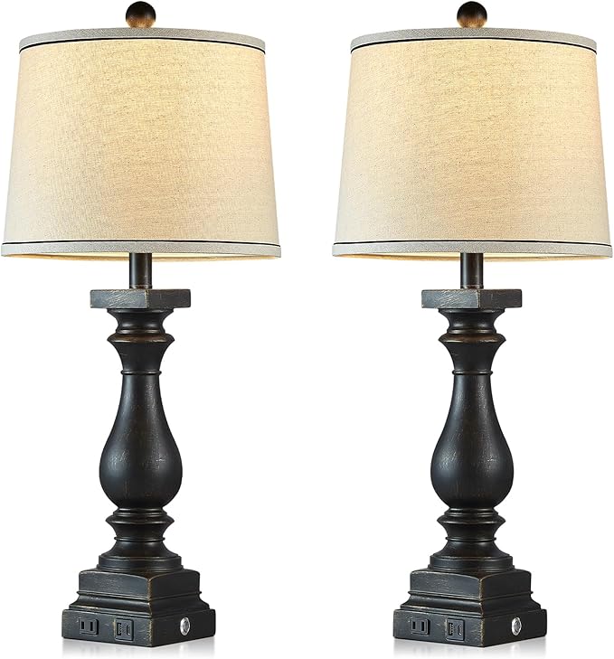 28" Tall Farmhouse Table Lamps Set of 2 with USB C+A Ports and AC Outlet, 3 Way Touch Control Rustic Bedside Lamp for Bedroom, Black Vintage Nightstand Lamp for Living Room Office