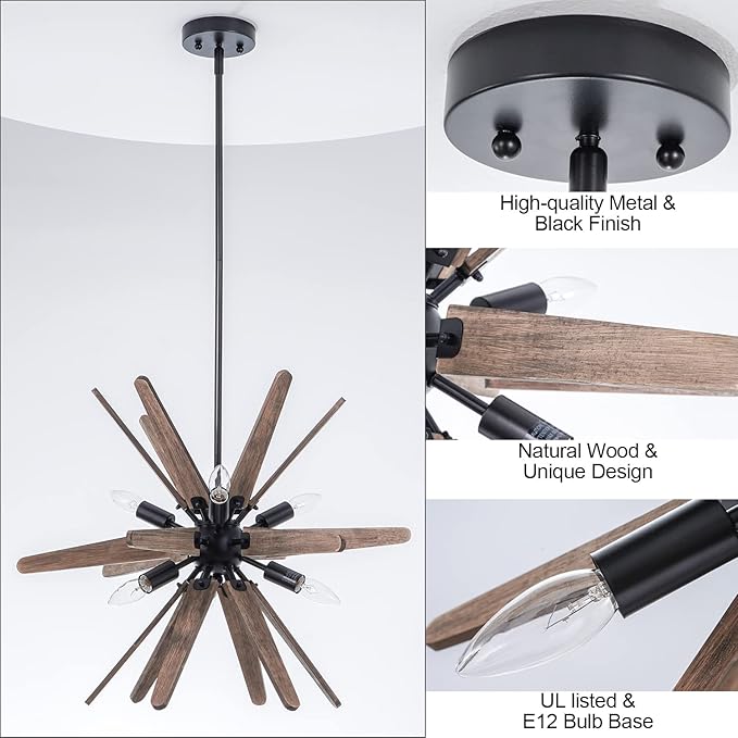 6-Light Sputnik Pendant Light Black, Wood Chandelier for Dining Room Rustic Light Fixture Ceiling Hanging for Bedroom Entryway Kitchen Loft