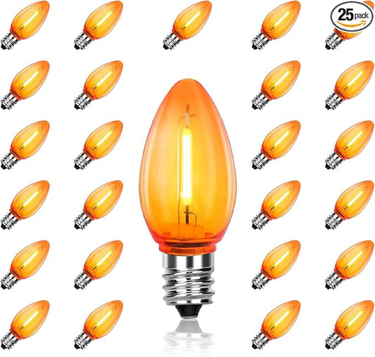 C7 Replacement Bulbs, 25 Pack Halloween Orange LED Bulbs, 0.6W E12 Base for Indoor Outdoor Christmas String Lights, Patio, Party Decor