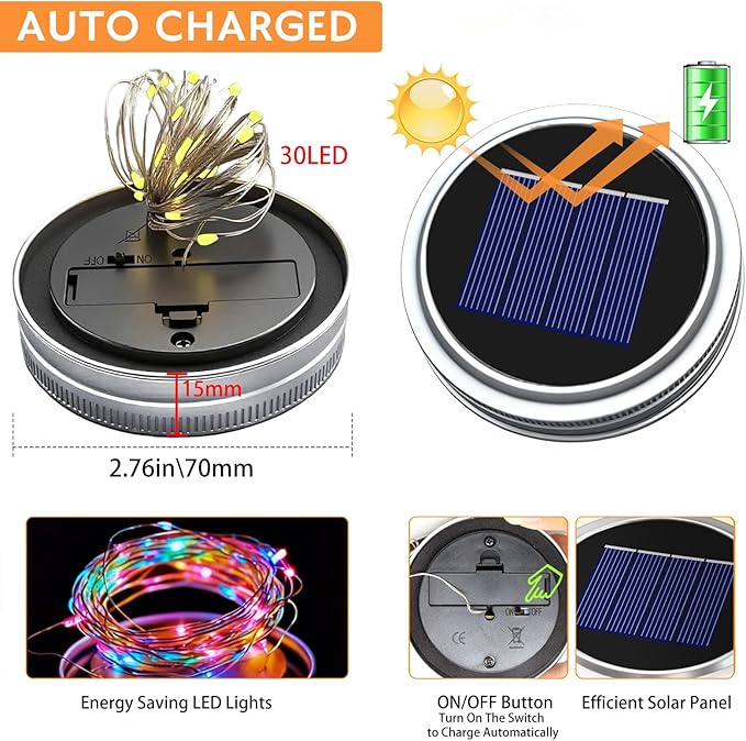 VOOKRY 6 Pack Solar Mason Jar Lights, 30 LED Mason Jar Lids Waterproof Firefly Fairy String Lights with 6 Hangers(No Jars), for Outdoor Patio Garden Yard Lawn Party Wedding Decoration - Multicolor
