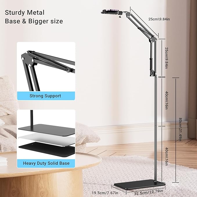 Floor Overhead Phone Mount with Ring Light, LED Selfie Light Phone Tripod Stand for Video Recording, Compatible with iPhone, 3 Color Modes for Filming, YouTube, TikTok, Live Stream, Vlog, Cooking