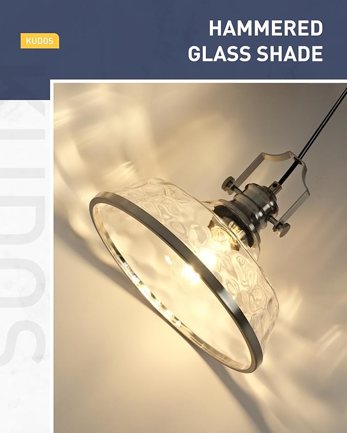 kudos Pendant Lights Kitchen Island, 11" Large Brushed Nickel Kitchen Island Lighting with Clear Hammered Glass Shade, Industrial Hanging Light Fixture for Kitchen Sink Dining Room, KDPL13-BN-H
