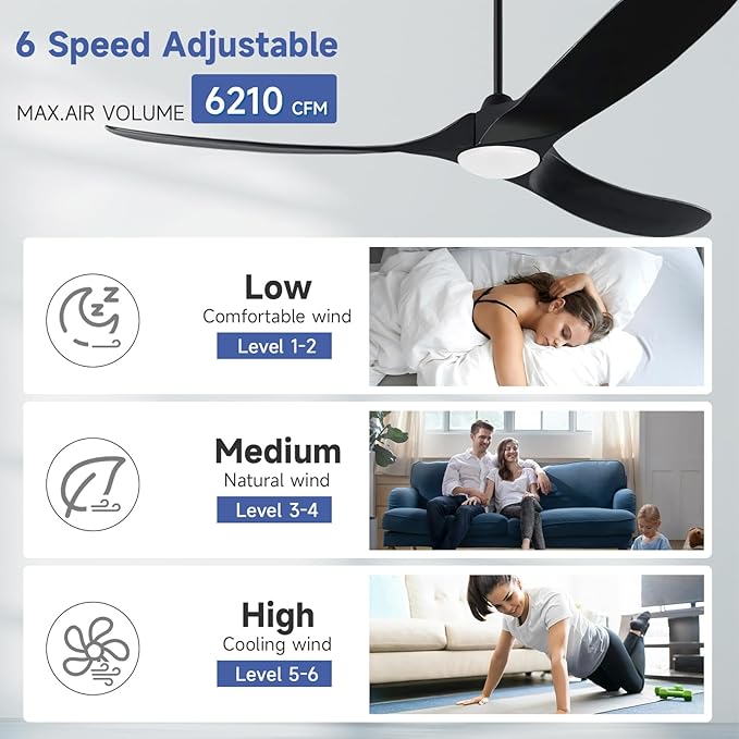 60 Inch Black Outdoor Ceiling Fans for Patios with Light, 3 Blade Modern Wood Ceiling Fans with Remote Quiet DC Motor, Large Airflow Indoor Outside Ceiling Fan for Bedroom Office Gazebo Garage Porch