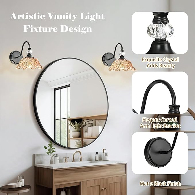 Black Wall Sconces with Floral Amber Glass Shades, Black Farmhouse Wall Mount Lighting for Bathroom,Vintage Bathroom Vanity Light Fixtures