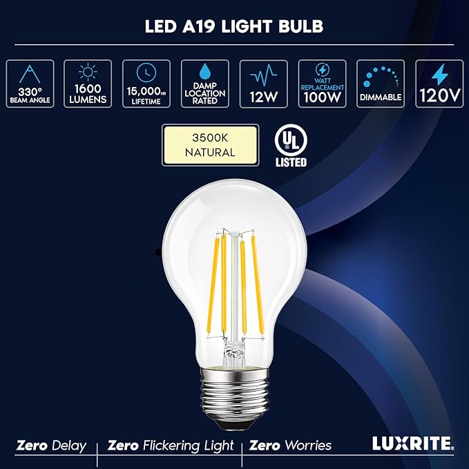 LUXRITE Vintage A19 LED Light Bulbs 100 Watt Equivalent, 1600 Lumens, 3500K Natural White, Dimmable Edison Light Bulbs, 12W, Damp Rated, UL Listed, Clear Glass Filament Bulb, E26 Medium Base (6 Pack)