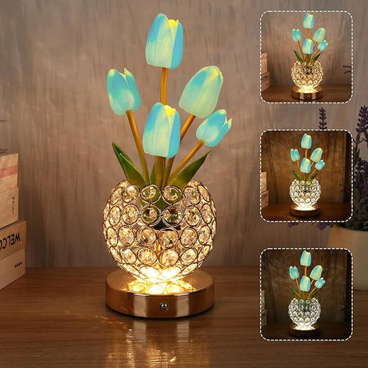 Birthday Gifts for Women/Mom Table Lamp, 3 Color Crystal Flower Bedside Lamps Infinitely Dimming with USB Charge Small Night Light,Nightstand Touch Lamp for Bedroom (u-BlueTulip)