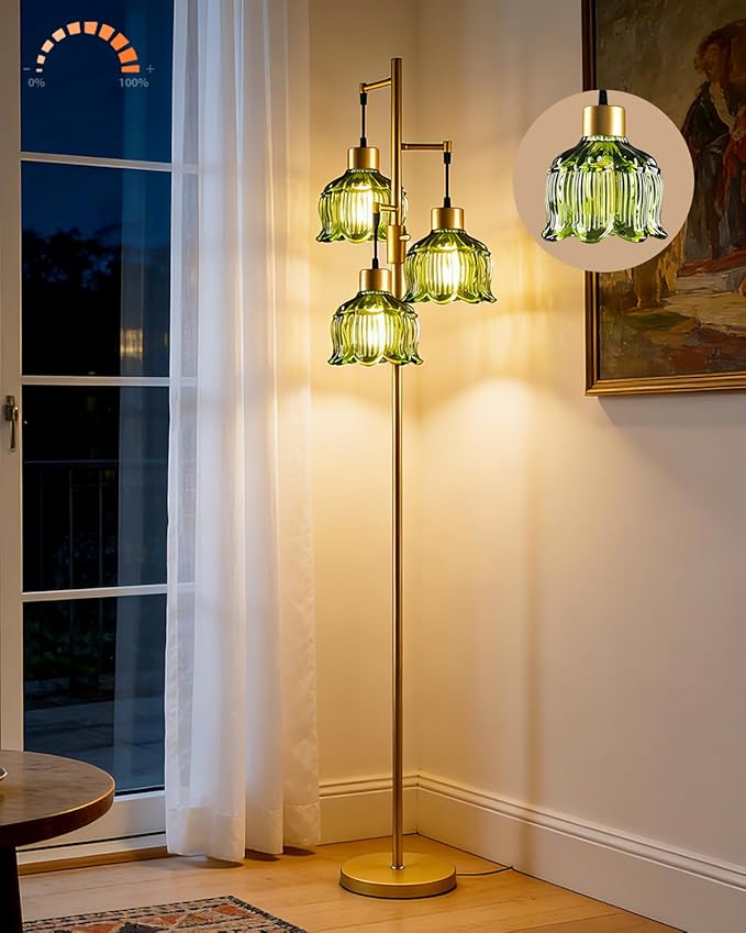 Lightdot 3-Light Floral Floor Lamp 65'' Dimmable Floor Flower Lamp with Green Glass Shade& E12 Bulbs Included, Mid Century Standing Tall Lamp for Living Room/Bedroom/Sofa Beside-Gold