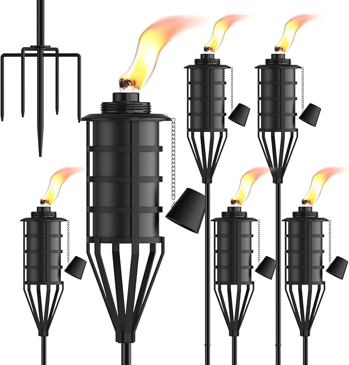 Home Garden Torch Set of 6，Large Capacity 22oz Outdoor Metal Torch Garden Décor，59.5 inch Upgraded Citronella Torches with 5-Prong Grounded Stake，Metal Torch Light for Party Patio Pathway
