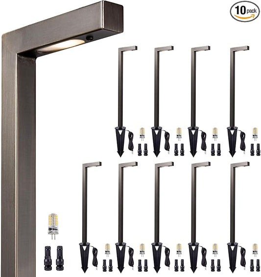 Gardenreet Brass Outdoor Garden Lights, Low Voltage Wired Landscape Path Lights, 12V Electric Waterproof Bronze L Shape Pathway Lights for Walkway Sideway Patio with 3W 270LM 5000K G4 Bulb 10 Pack