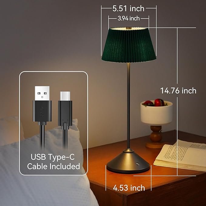 Cordless Rechargeable Table Lamp – 3 Adjustable Color Temperatures, Lightweight & Portable, Matte Metallic Finish, Waterproof, Battery Operated for Indoor& Outdoor Use (Green&Grey)