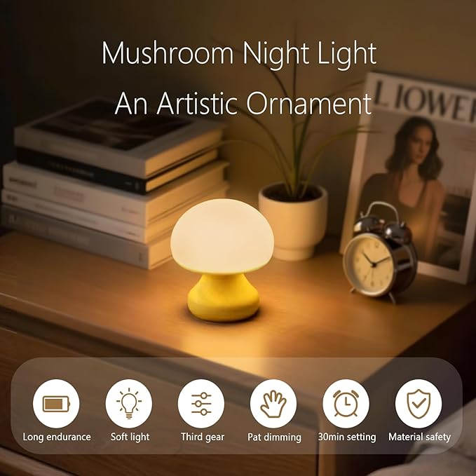 Vivilumens Mushroom Night Light for Kids 3 Level Dimmable Touch Control, Auto-Off Timer, Baby Safe BPA-Free Silicone, Portable Cordless Night Lamp Birthday Gifts for Nursery Bedroom Decor Travel