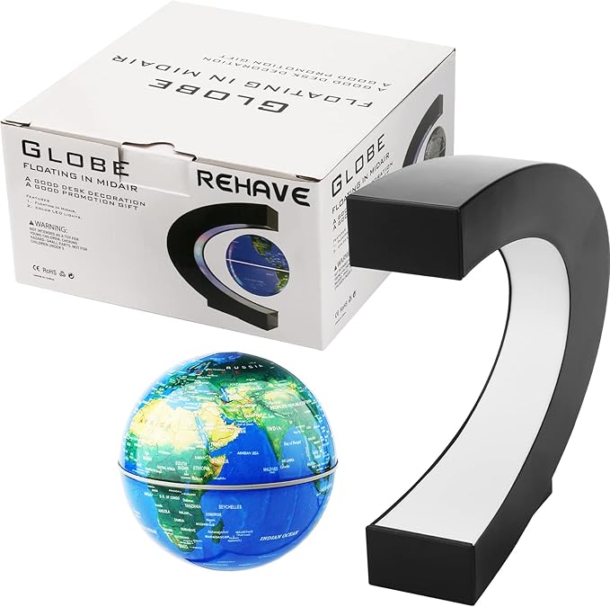 REHAVE Novelty Gifts for Kids, Boys, Girls, Birthday Gift for Men, Gifts for Boss, Boyfriend, Graduation Gift for Him, Magnetic Levitation Floating World Map Globe with C Shape Base, With LED Lights