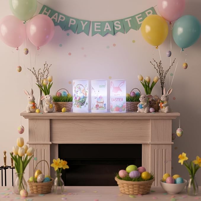 3PCS Easter Flameless Candles with Remote Control,Happy Easter Bunny Flower Rabbit Spring LED Candle Battery Operated for Easter Theme Party Home Decor