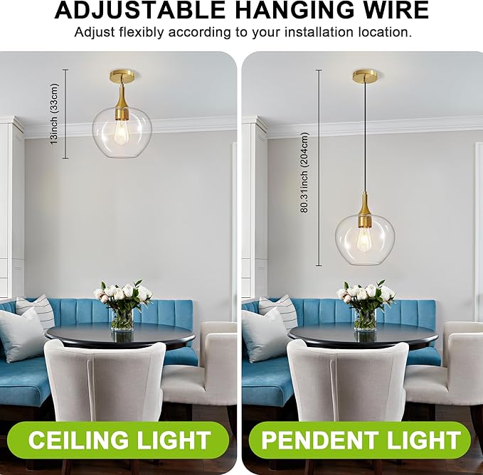 Glass Pendant Lights Kitchen Island, Brass Gold Pendant Lighting Fixtures, Modern Hanging Ceiling Light with 9.45'' Clear Glass Shade for Farmhouse Dining Room Bedroom Hallway(1 Pack)
