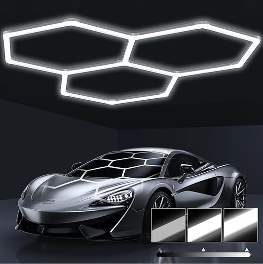 HYPERLITE Gen 2 Hexagon Garage LED Light, Upgraded 3 Level Dimmable 105W 10500LM Super Bright Garage Detailing Lights, 3 Grids Hex Shop Light, Hexagon LED Lights for Basement, Gym, Shop