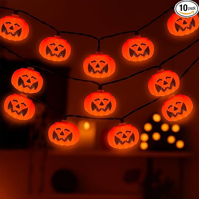 Halloween Pumpkin String Lights Outdoor Indoor, 10FT 12 LED Bat Pumpkin Lights, Waterproof Energy-Saving Halloween Decorations for Porch, Patio, Garden, Party, Trick-or-Treat