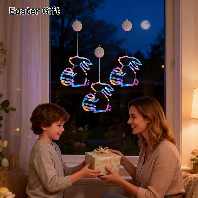 Easter Window Lights Decorations, 3 Pack Easter Hanging Window Decor Colorful Bunny Shaped Lights with Suction Cup, Indoor Battery Operated Bunny LED Holiday Lamp for Home Door Window (Multicolor)