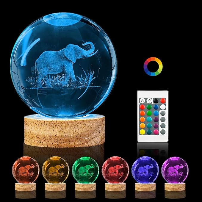 3D Elephant Crystal Ball Night Light, 3.15in K9 Lamp with 16 Colors Change, Wooden Base and Remote Control Decor Gifts for Women Kids