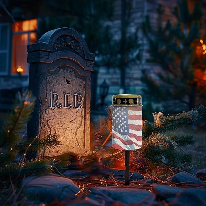 American Flag Light for Prayer Cemetery Solar Lights for Grave Cemetery Candle Lamp Garden Cemetery 4th of July Decorations