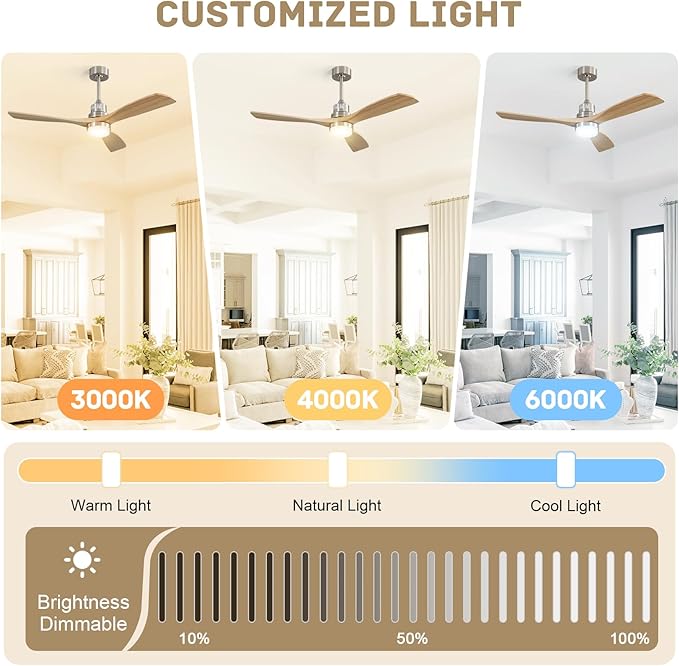 Sofucor 52 Inch Smart Ceiling Fan with Light, Indoor/Outdoor Ceiling Fans with Lights and Remote, Work with Alexa/Google, Quiet DC Motor, Solid Wood 3 Blade Ceiling Fans for Bedroom Living Room Patio