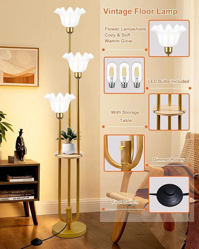 Lightdot Flower Floor Lamp for Living Room, Dimmable Vintage Floor Lamp with Shelf& Bulbs Included, 3 Light Warmwhite Mid Century Gold Floral Standing Tall Lamp for Bedroom/Sofa Beside/Corner Decor