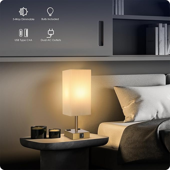 Soilsiu Bedside Lamp with USB Ports - Touch Control Table Lamp for Bedroom with USB C+A Ports & AC Outlets, 3 Way Dimmable Nightstand Light with Pleated Shade for Living Room(Bulb Included)