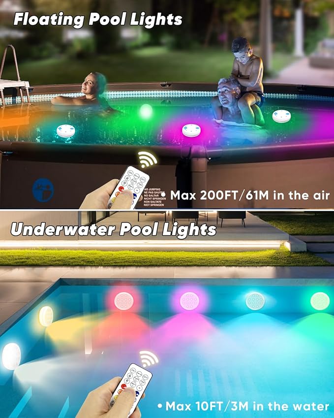 Pool Lights, Rechargeable Submersible LED Lights with Remote, IP68 Waterproof 16 Color Changing Floating Lights, Built-in Magnet Underwater Lights for Fountain, Pond, Aquarium(4 Pack)