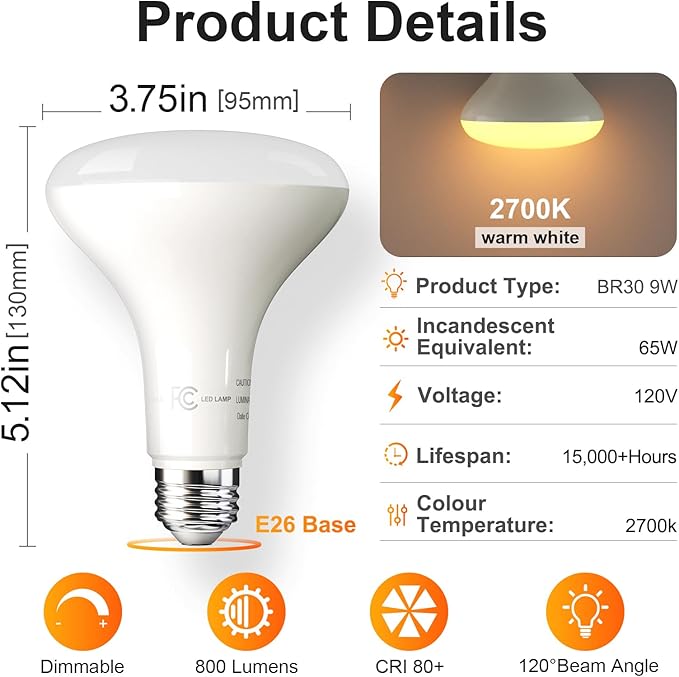 TJOY 24 Pack BR30 Led Bulb 65W Equivalent, Dimmable LED Flood Light Indoor, E26 Base, 2700K Soft White, 9W, 800 LM, Recessed Lighting Bulbs for Ceiling, Recessed Can, Living Room and Kitchen