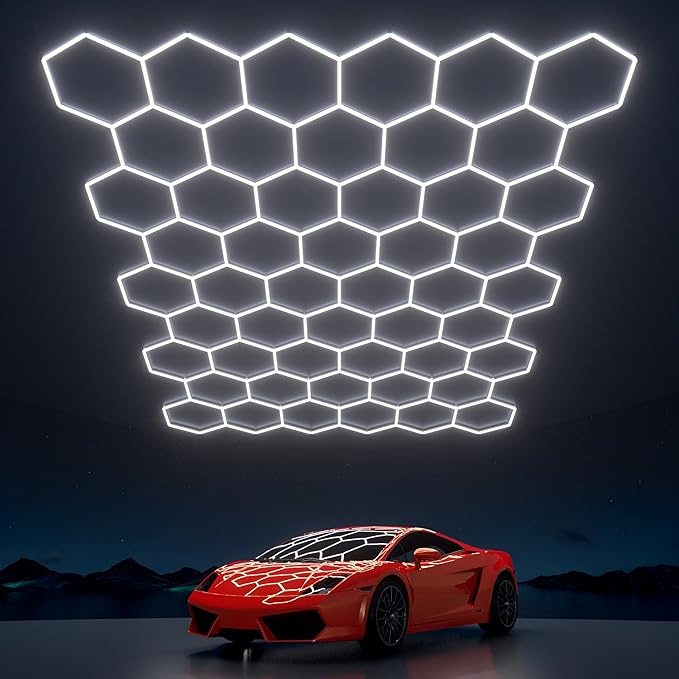 Hexagon Garage Lights: 1295W 185 Pack 50 Grids LED Garage Lights - Easy Install 6500K Super Bright Honeycomb Light for Warehouse, Car Detailing Shop, Exhibition Hall, Gym