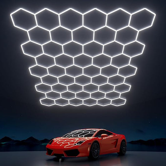 Hexagon Garage Lights: 1295W 185 Pack 50 Grids LED Garage Lights - Easy Install 6500K Super Bright Honeycomb Light for Warehouse, Car Detailing Shop, Exhibition Hall, Gym