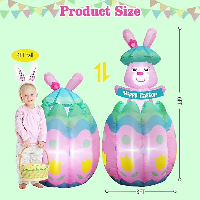 [ Pop Up and Down ] 6FT Tall Easter Inflatables Bunny Popping Out of Egg Outdoor Decoration, Blow Up Bunny Inflatables Built-in 4 LEDs for Easter Outdoor Indoor Yard Garden Lawn Decor