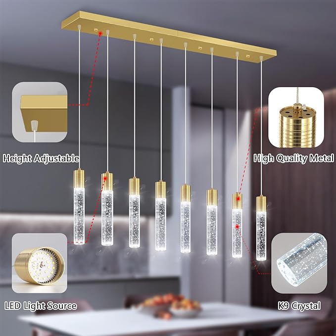 8-Lights Modern Crystal Chandeliers for Kitchen Island Pendants Lighting Fixture for Dining Room LED Ceiling Light for Hallway Foyer 6000K Sliver