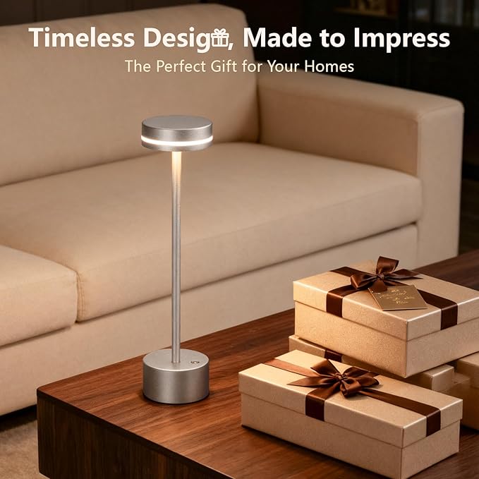 Cordl ess Table Lamp Rechargeable, Touch Desk Lamp with 5000mAh Battery, 3 Color Dimmable Light, Small Portable Aluminum Light for Outdoor/Patio/Dining/Tabletop/Bar, Home Decor (Silvery 2PK)