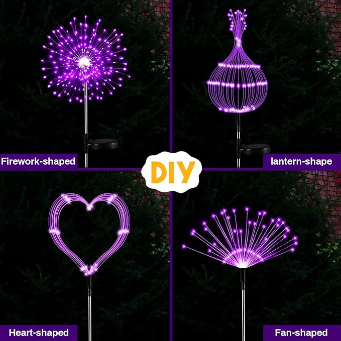 3 Pcs Mardi Gras Solar Firework Lights Solar Lights Outdoor Garden 120 LED 8 Modes Waterproof LED Sparkler Outdoor for Carnival Patio Yard Pathway Walkway (Purple,Yellow,Green)