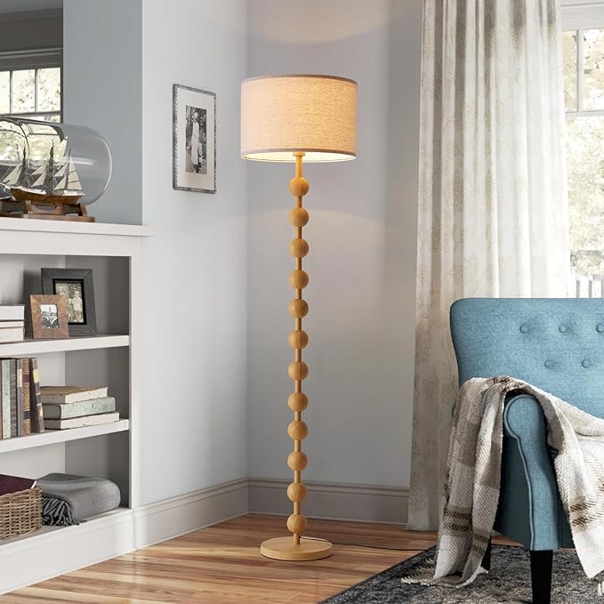 Modern Dimmable Remote Control Floor Lamp for Living Room Bedroom with LED E26 Bulb, Yellow Wood Pattern Iron Tall Standing Lamp Light with Fabric Shade for Nursery Room Home Office