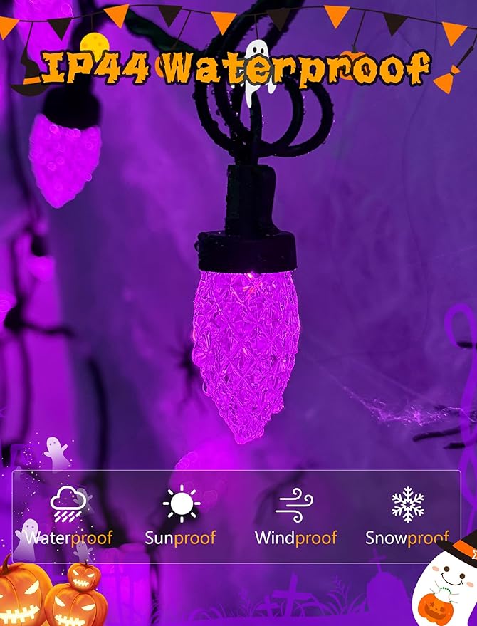 C7 Halloween Purple String Lights Plug in, 26Ft Outdoor Halloween Decorations Lights with 50 LED C7 Strawberry Purple Bulbs Waterproof UL Listed for Roofline Backary Porch Window Holiday Party Decor