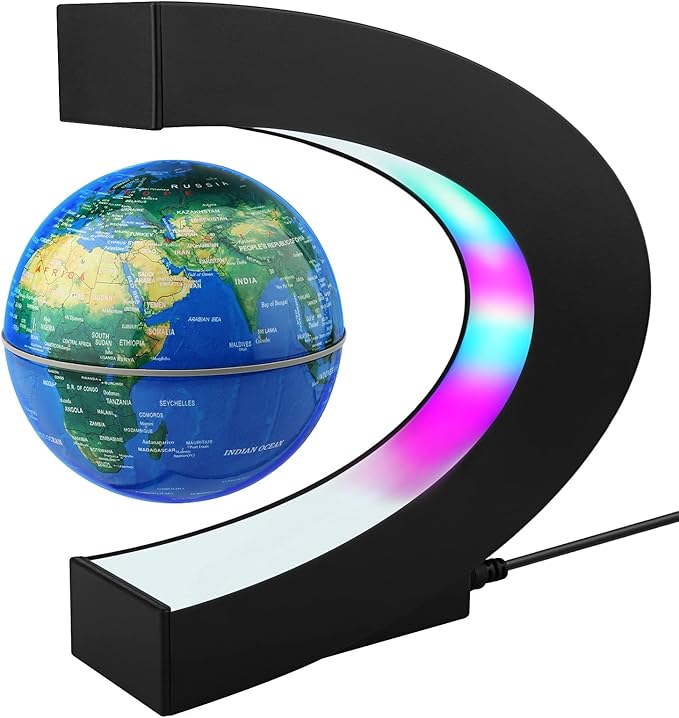 REHAVE Novelty Gifts for Kids, Boys, Girls, Birthday Gift for Men, Gifts for Boss, Boyfriend, Graduation Gift for Him, Magnetic Levitation Floating World Map Globe with C Shape Base, With LED Lights