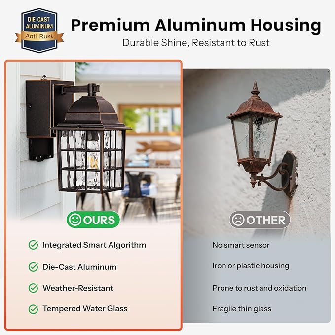 Gleamz Dusk to Dawn Outdoor Porch Light with GFCI Outlet, Farmhouse Oil Rubbed Bronze Gold Trim Exterior Garage Lighting Fixtures Wall Mount for House, Anti-Rust Waterproof Outside Wall Sconce Lantern