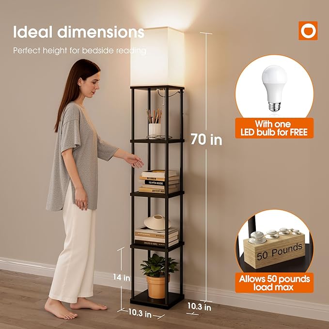 addlon 5-Tier Floor Lamp with Shelves, Standing Bookshelf Lamp with 3 Color Temperature, Corner Display Floor Lamps for Living Room, Bedroom and Office (70'' H, Black)