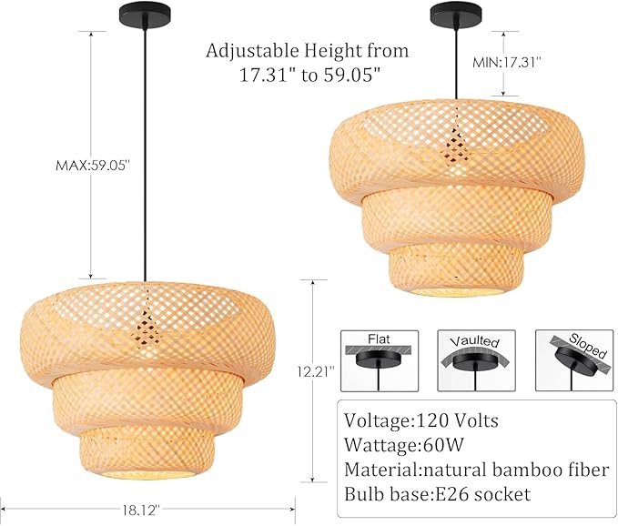 Bamboo Pendant Light,18.5" Boho Rattan Hanging Light 3-Tier Hand Woven Wicker Chandelier for Kitchen Island for Kitchen Island Dining Bedroom Living Room Restaurants
