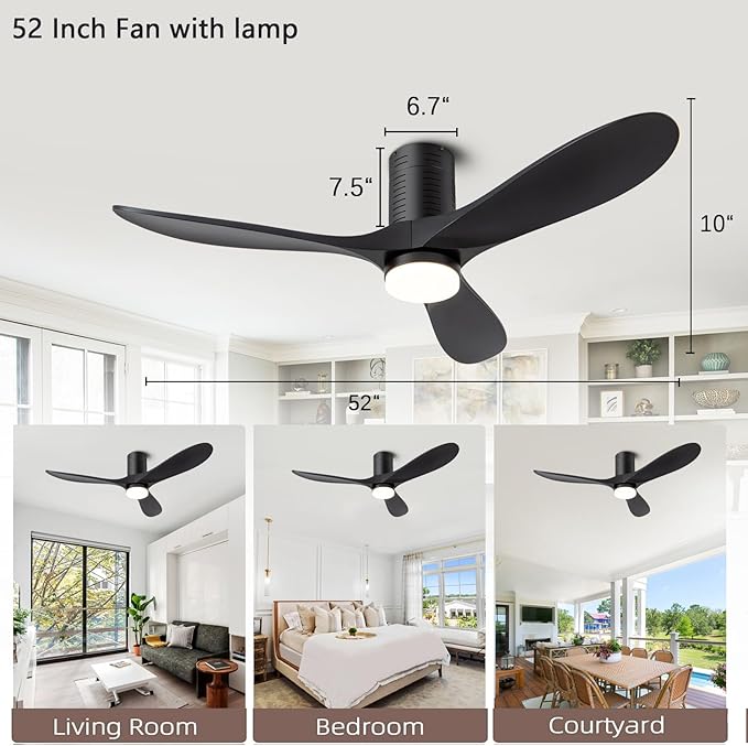 52" Flush Mount Ceiling Fans with Lights and Remote/APP Control, 3CCT Dimmable LED, 6 Speed DC Motor, Low Profile Ceiling Fan for Bedroom, Hallway,Indoor/Outdoo