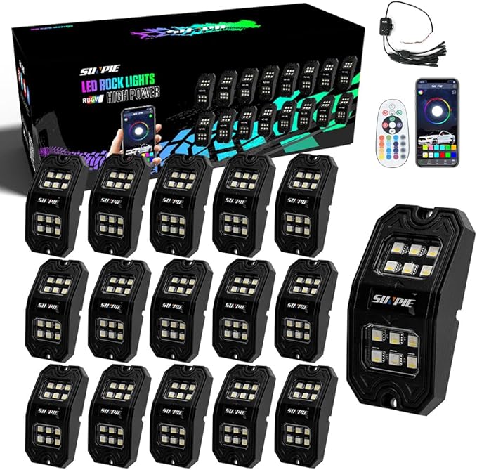 SUNPIE 16 Pods Upgraded 210 Degrees Wide Angle RGBW Rock Lights App/Control Voice Mode Music Mode Automatic Control Neon Light Kit Wheel Well Lights for Off Road Truck SUV ATV UTV Boats