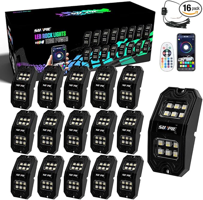 SUNPIE 16 Pods Upgraded 210 Degrees Wide Angle RGBW Rock Lights App/Control Voice Mode Music Mode Automatic Control Neon Light Kit Wheel Well Lights for Off Road Truck SUV ATV UTV Boats