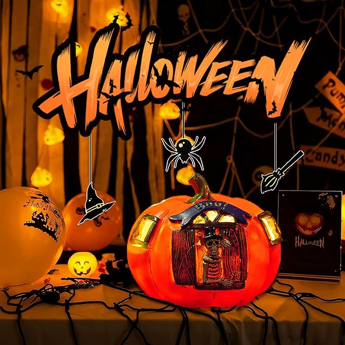 Halloween Skull Pumpkin LED Lantern - Light Up Decorations for Indoor Outdoor, Spooky-Pumpkin with Skeleton Design, Vintage Style Decor for Party, Porch, Tabletops, Mantles, Windowsills, Gardens