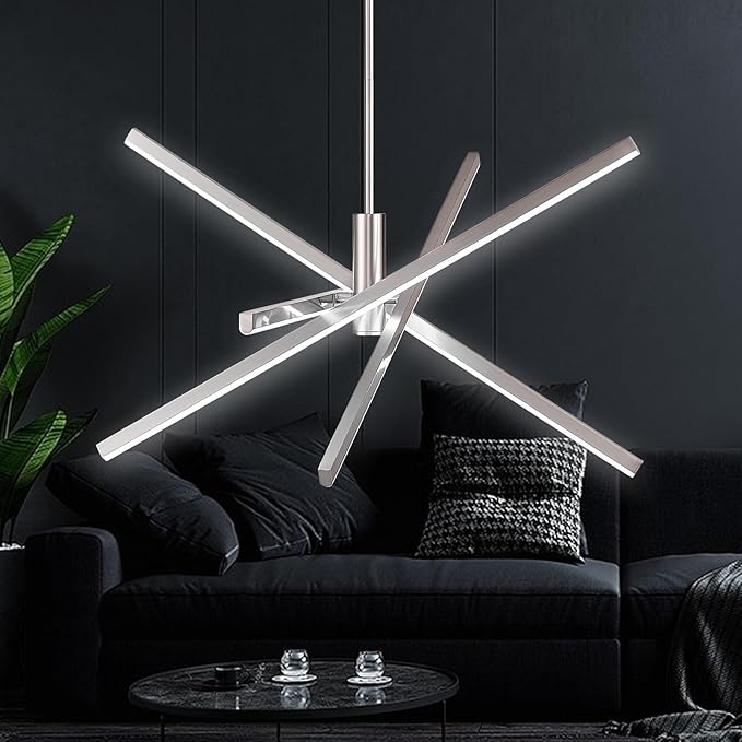 Nickel Modern LED Chandelier, Dimmable 4 Lights Ceiling Pendant Lighting for Dining Room Living Room Kitchen Island Bedroom Foyer 3000K/4000K/5000K 3CCT Selective, 27.76in