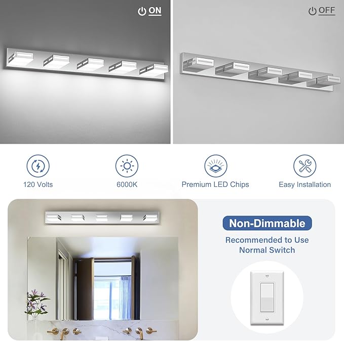 40-Inch 5-Light LED Modern Chrome Bathroom Vanity Light Fixtures Over Mirror, Bathroom Lighting Fixtures with Cool White 6000K, Rotatable Vanity Wall Lights for Bath Restroom Powder Room
