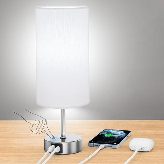 ROTTOGOON 12.8" Touch Control Table Lamp, 3-Way Dimmable Small Bedside Nightstand Lamp with 2 USB Ports, Modern Table Lamps with 6500K Daylight LED Bulb for Bedroom Living Room