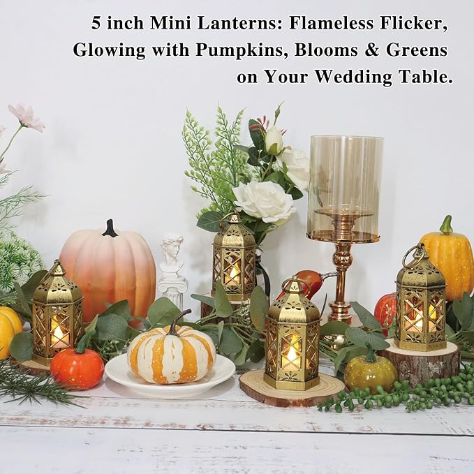 Mini Lantern with Flickering LED Candles for Halloween, LLQ (8Pack-5Inch) Vintage Decorative Candle Lanterns for Christmas Wedding Party Baby Shower Table Centerpiece, Xmas Tree Hanging Ornaments