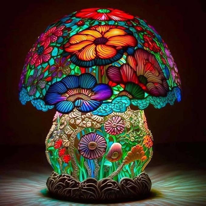 Mmoneyake Stained Plant Series Table Lamp, Painting Mushroom Table Lamp, 2023 New Vintage Decorative Bedside Lamp, Mushroom Table Lamp, for Home Livingroom Bedroom Office Decorations Lamp