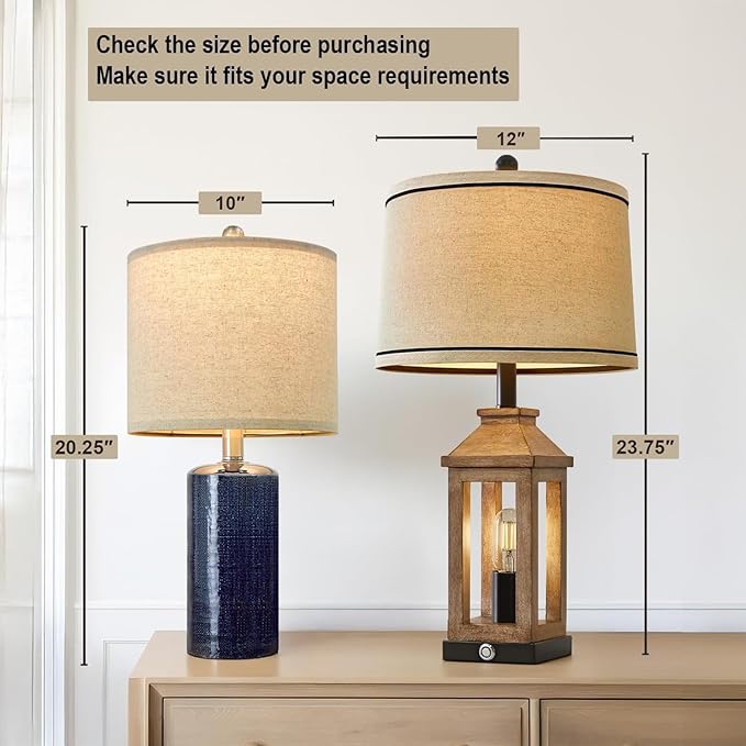 20.25" Small Table Lamps Set of 2 Modern Ceramic Lamps for Living Room Farmhouse Bedside Lamps Boho for Night Stands Bedroom Lamps Side Table Lamps End Table Lamps, Blue